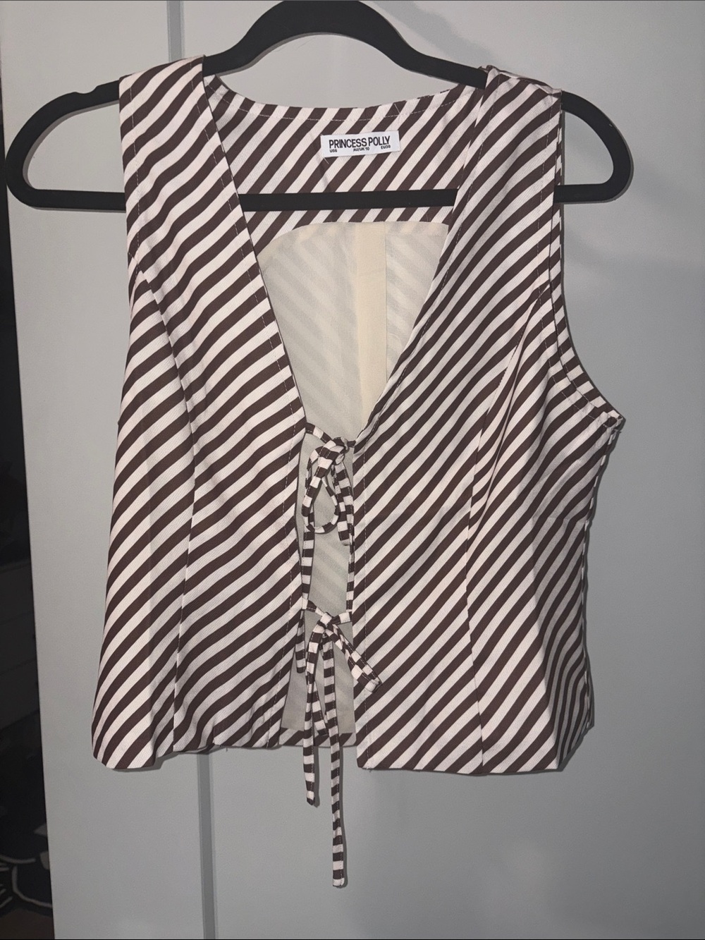 Princess Polly Brown & White Diagonal Stripe Tie-Front Tank